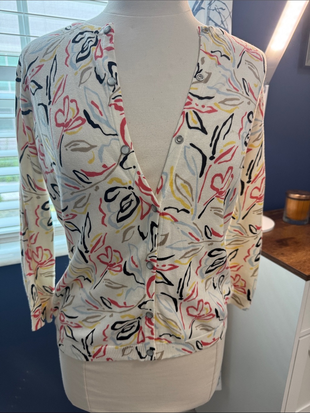 Liz Golf- Cream Floral Print Button-Front Cardigan Sweater